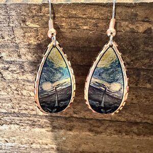 Handmade Boho Copper Earrings, Diamond Cut Van Gogh Starry Night Design Earring